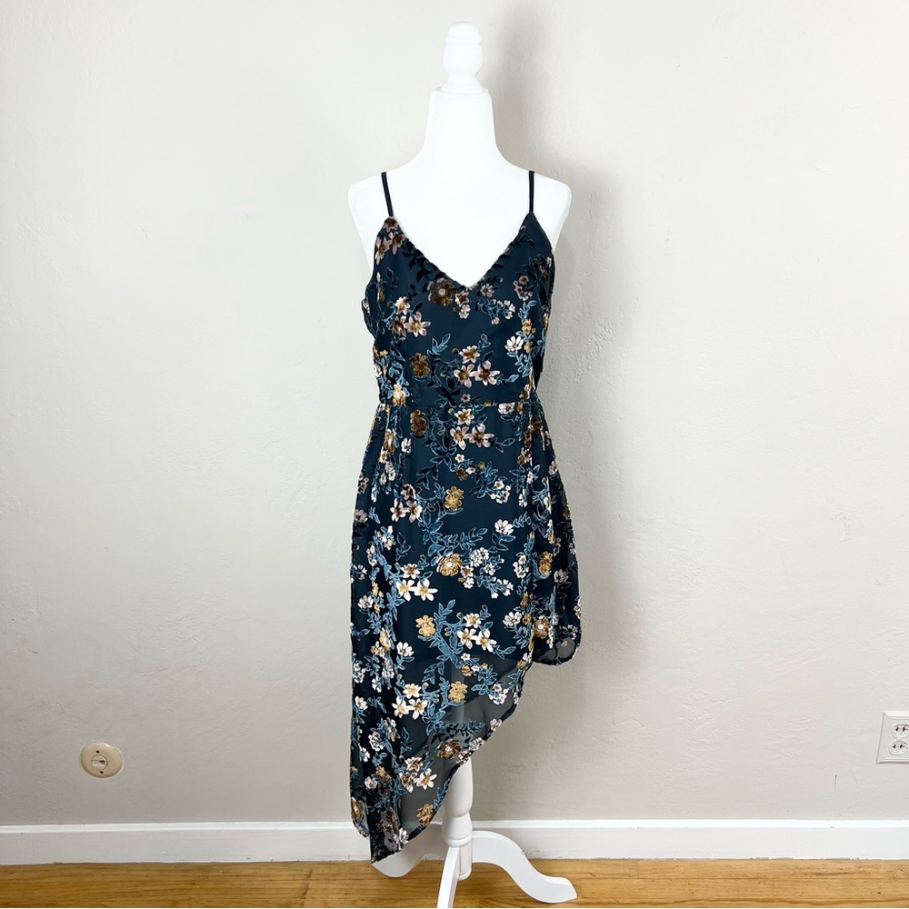NEW Lulu's Evenings With You Dark Teal Floral Velvet Asymmetrical Dress Size M
